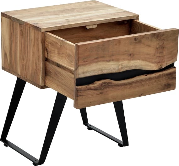 Komodinë anës krevati Imena, dru akacie natyrale, këmbë metalike të zeza, 45x35x56cm