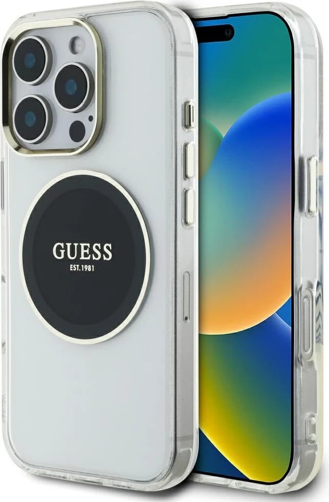 Mbështjellës Guess IML Metal Colored Circle Classic Logo MagSafe për iPhone 16 Pro Max, Zi
