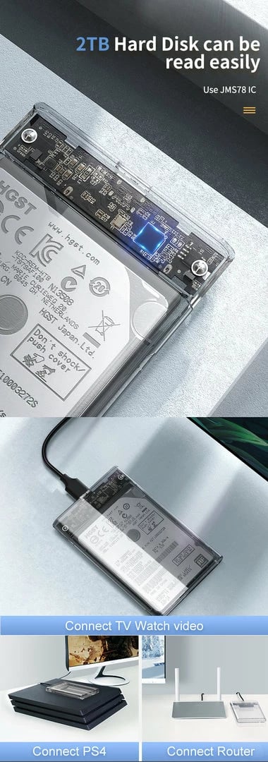 Case për Hard Disk Tech Time 2.5'' Transparent Hdd enclosure SATA 5G/USB A TO Type-C 0.5m Length Cable