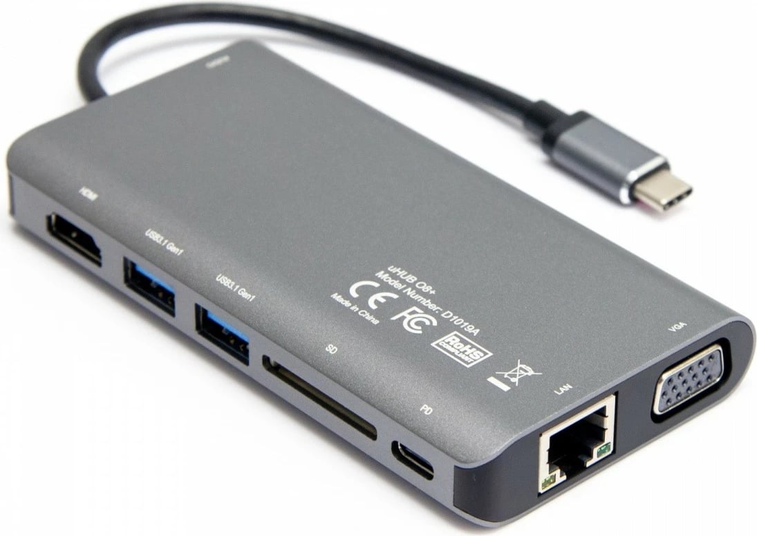 HUB USB-C 8-në-1 Unitek D1019B, HDMI, VGA, RJ45, SD, PD 100W, Gri