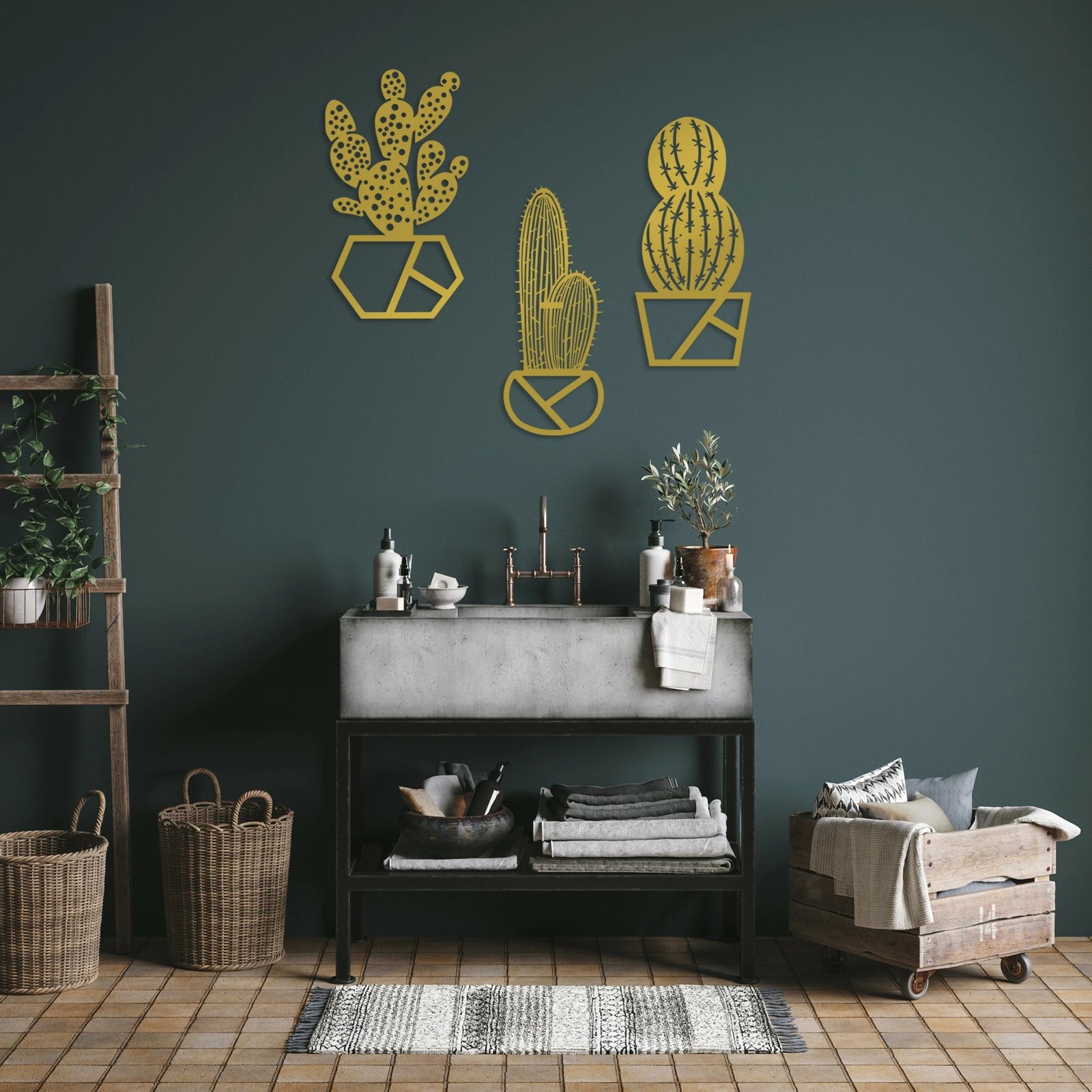 Aksesor dekorativ metalik për mur, kaktus, ngjyrë ari, set prej 3 copash