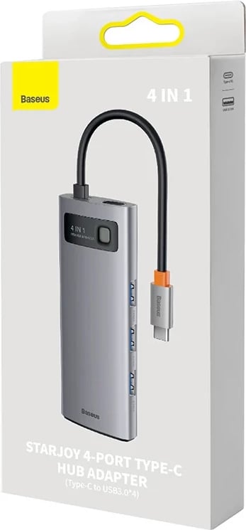 Kasë Baseus Metal Gleam Series 4in1, USB-C në 4x USB 3.0, Gri