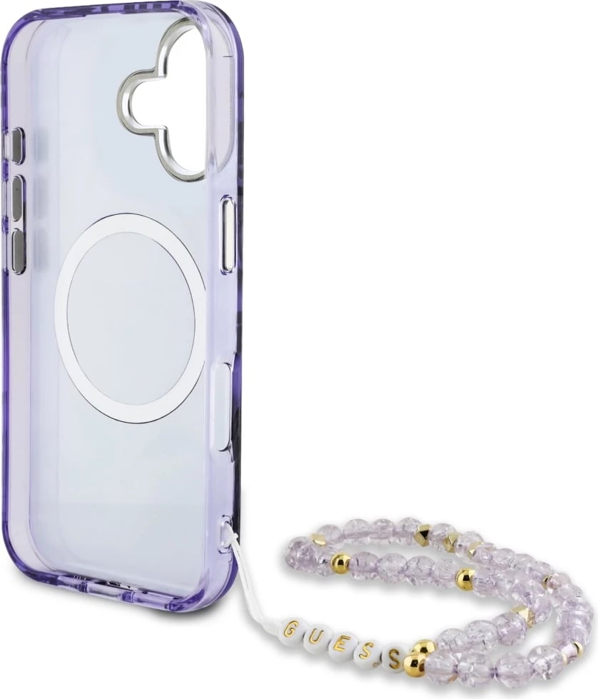 Mbështjellës Guess Palm Trees Triangle Pearl Strap MagSafe për iPhone 16, Vjollcë