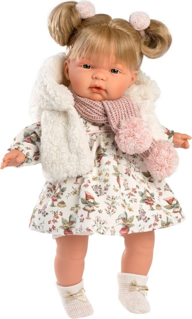 Kukull Llorens Joelle 38 cm, trup i butë, fustan me lule, për vajza