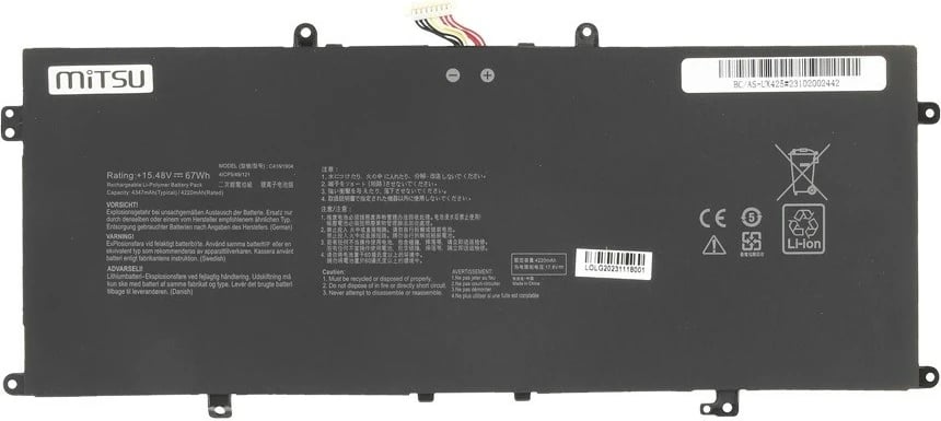 Bateri laptop Mitsu BC/AS-UX425 për Asus ZenBook/VivoBook, 4347 mAh, 15.48V, e zezë