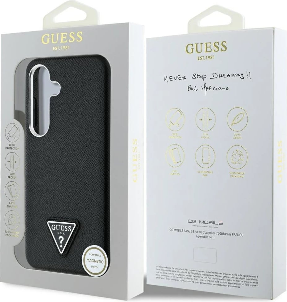 Mbështjellës Guess Grained Triangle Logo MagSafe për Samsung Galaxy S25, i zi Mbështjellës Guess Grained Triangle Logo MagSafe për Samsung Galaxy S25, i zi