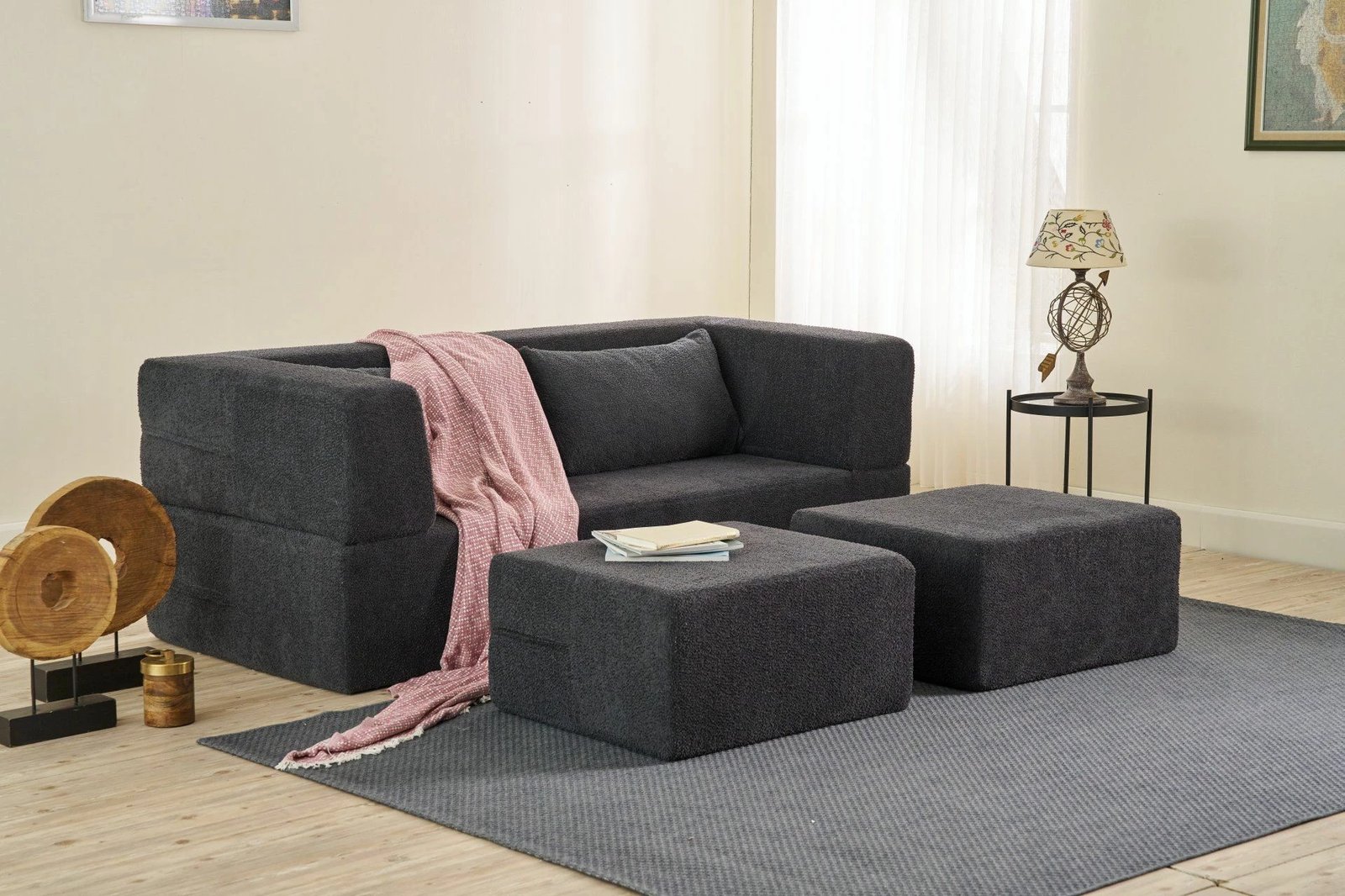 Divan-krevat dy ulëshe, ngjyrë antracit, Atelier del Sofa, me 2 pouffe