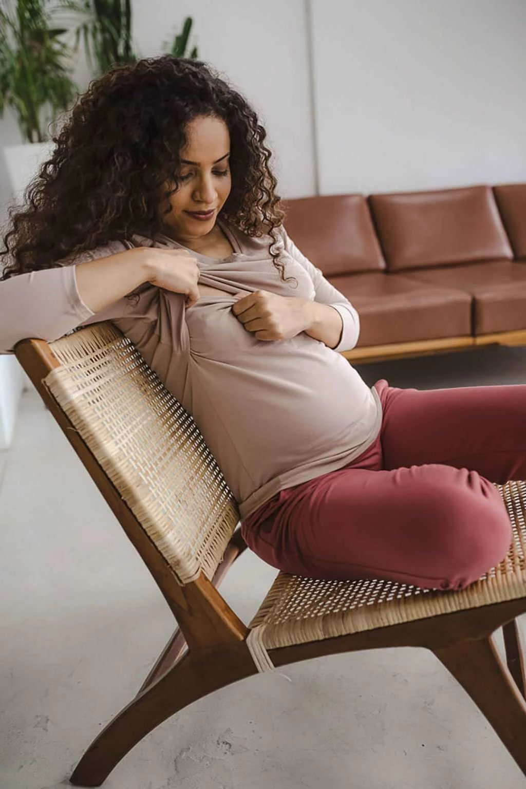 bluzë shtatzënie dhe gjidhënie, milk & love, Milk Shirt, pambuk 92% me elastan 8%, dekolte V, mëngë 7/8, madhësi XL, beige