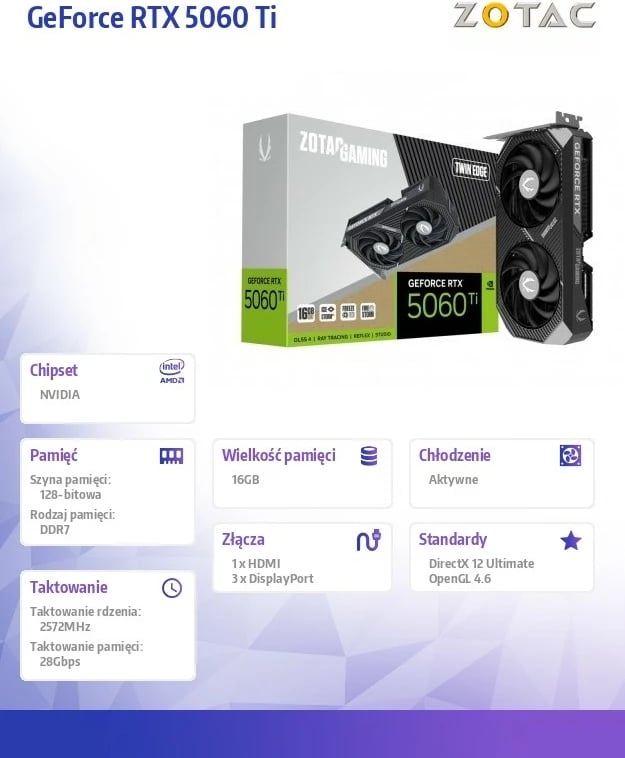 Kartë grafike, ZOTAC, GeForce RTX 5060 Ti Twin Edge ZT-B50620E-10M, 16GB GDDR7 128-bit, 3xDP/1xHDMI, PCIe 5.0 x8, e zezë