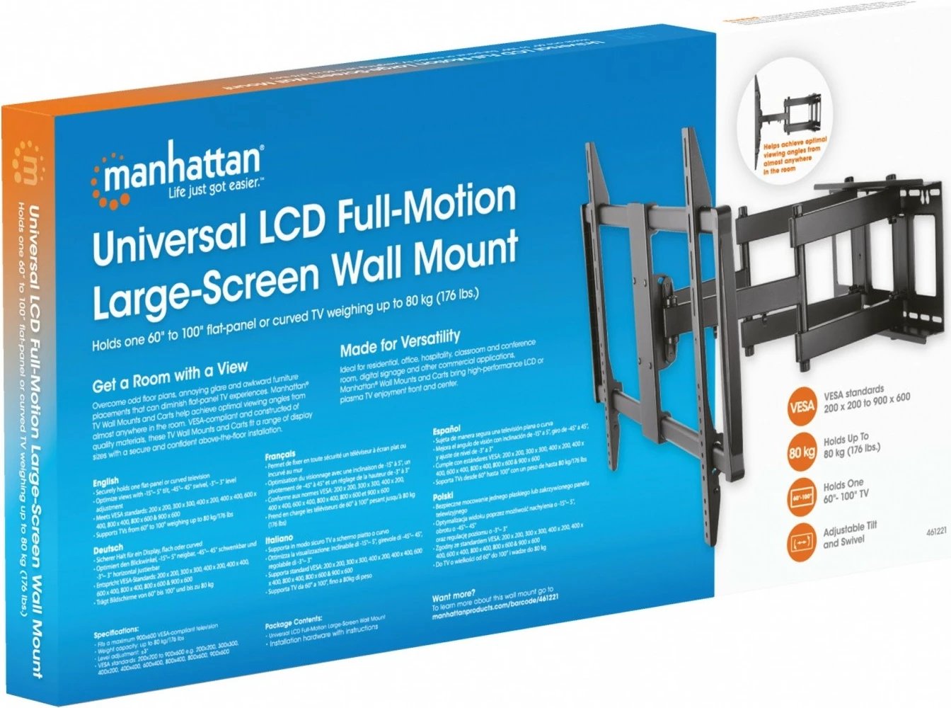 Mbajtës muri për TV Manhattan 461221, 60-100 inç, rrotullues, 80kg, i zi Mbajtës muri për TV Manhattan 461221, 60-100 inç, rrotullues, 80kg, i zi