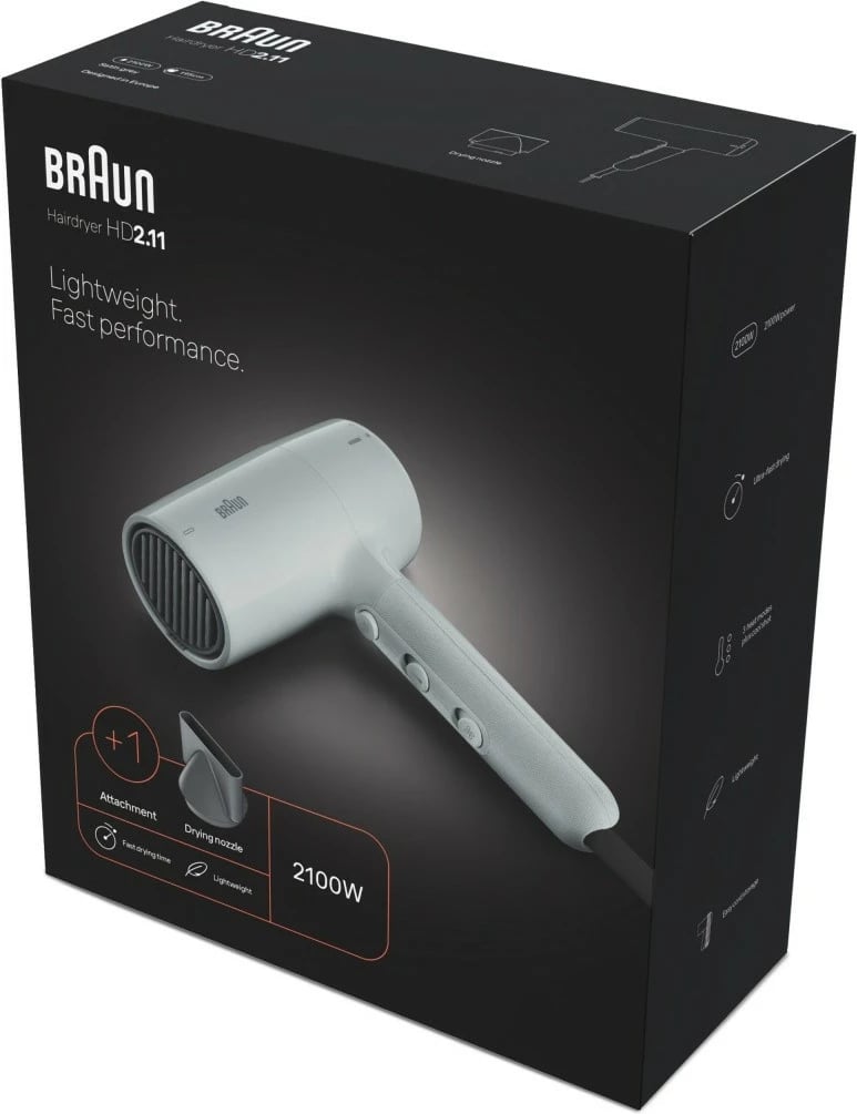 Tharëse flokësh, Braun, HD211E, 2100W, 3 nivele nxehtësie, kabllo 1.95 m, me koncentrator, e bardhë