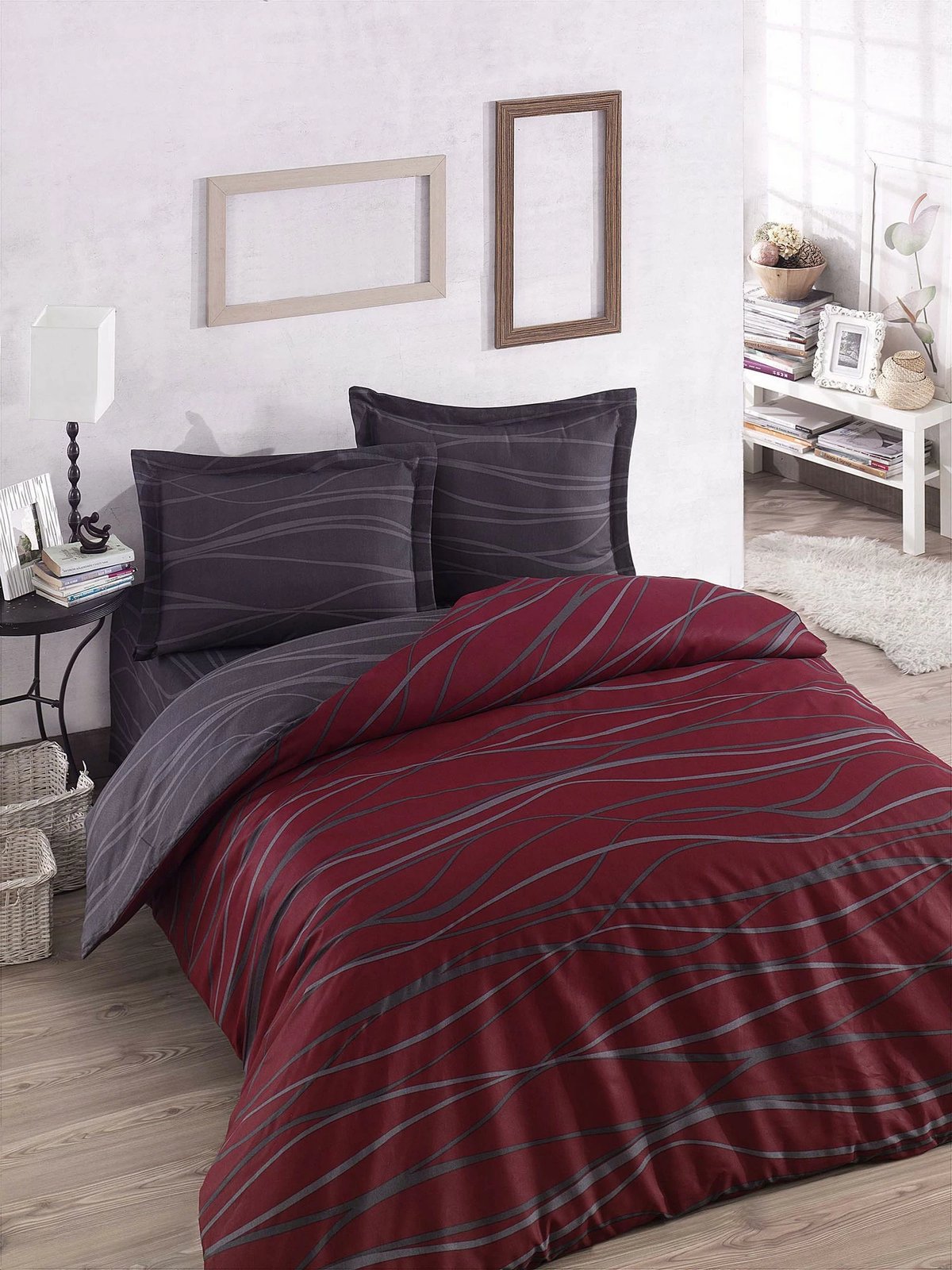 Set mbulesë për jorgan Super King, L'essentiel, ngjyrë verda dhe e kuqe e thellë