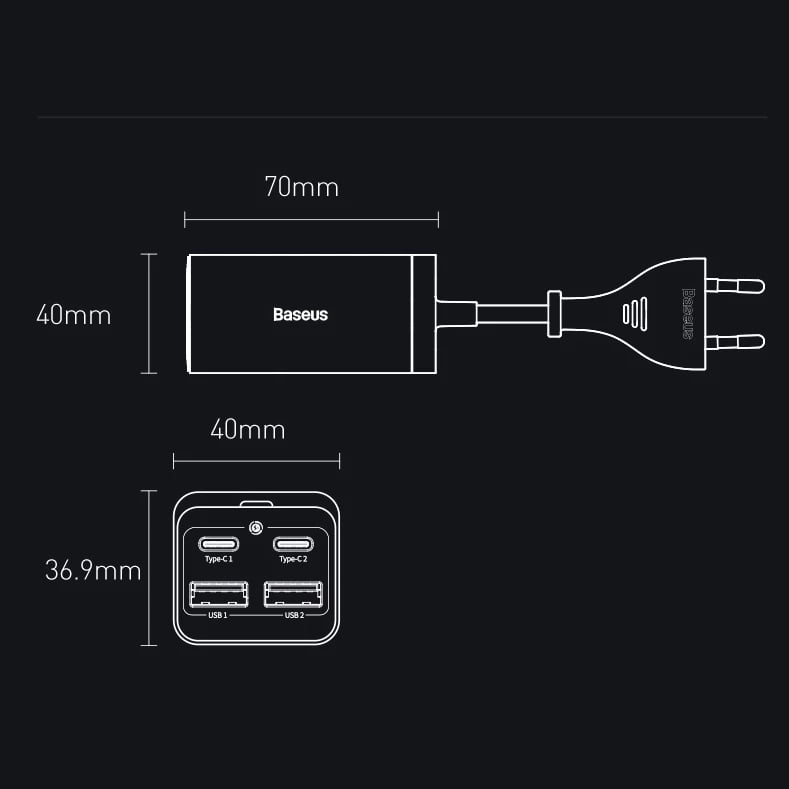 Karikues i shpejtë Baseus GaN3 Pro 65W, 2x USB Type-C, 2x USB, me kabllo USB-C 1m, Zi