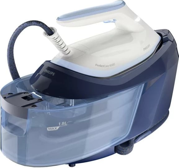 Hekur me avull, Philips, PerfectCare 6000 PSG6026/20, stacion hekurosjeje kompakt, depozitë uji 1.8 L, teknologji OptimalTEMP, blu/bardhë