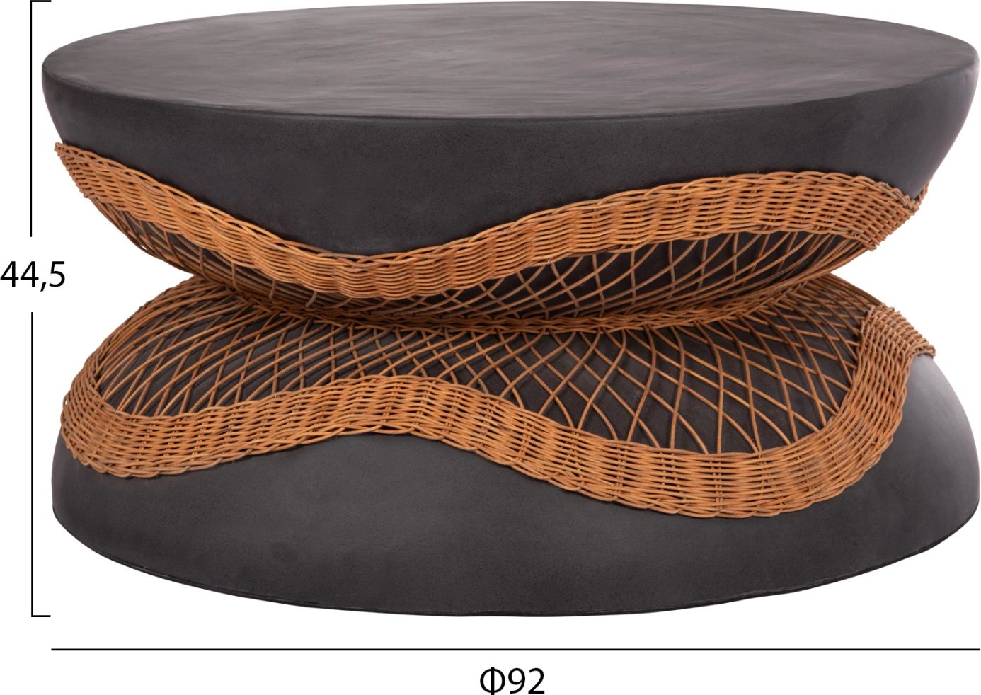 Tavolinë e ulët rrumbullake ANNA, fibër-cement, e zezë, ratan natyral, FH18157.01, 92x44.5cm