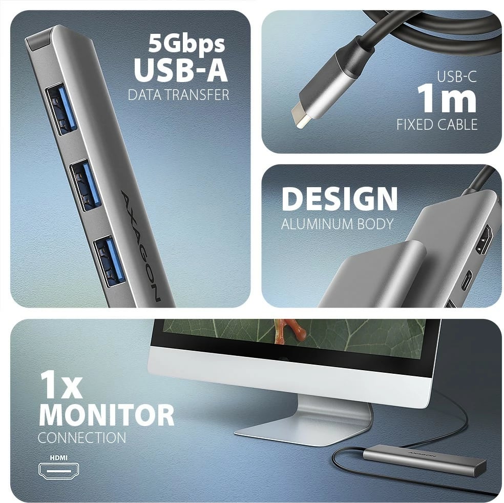Hub USB-C AXAGON HMC-5H 5-në-1, 3x USB-A, HDMI 4K, Power Delivery 100W, 100cm, Gri