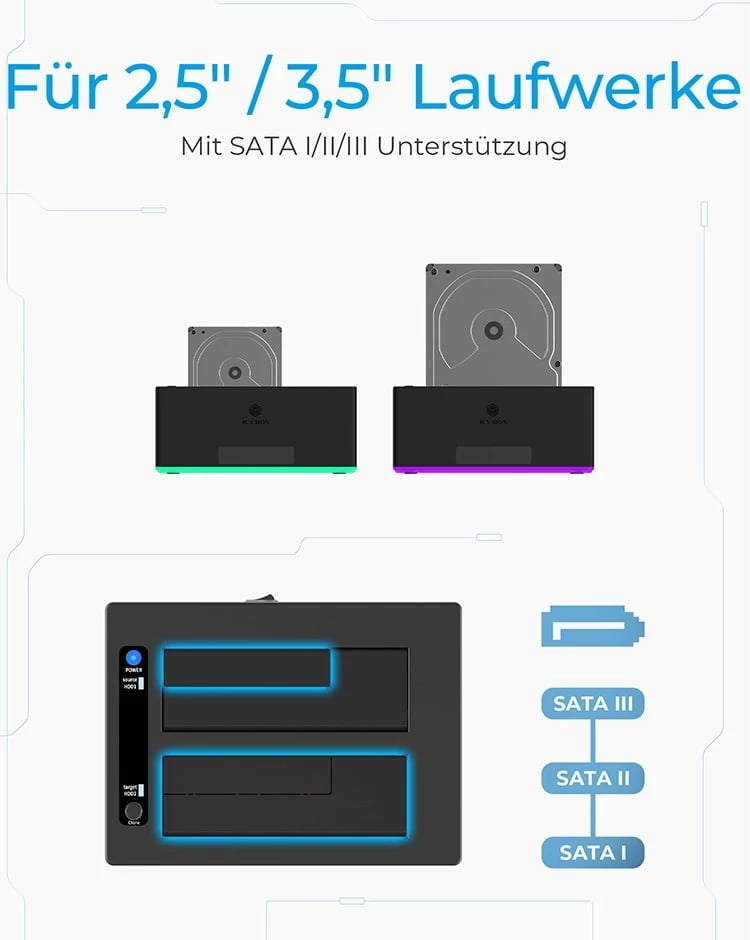 Stacion klonimi ICY BOX IB-127CL-U3, HDD, Serial ATA, 18 TB, USB 3.2, E zezë