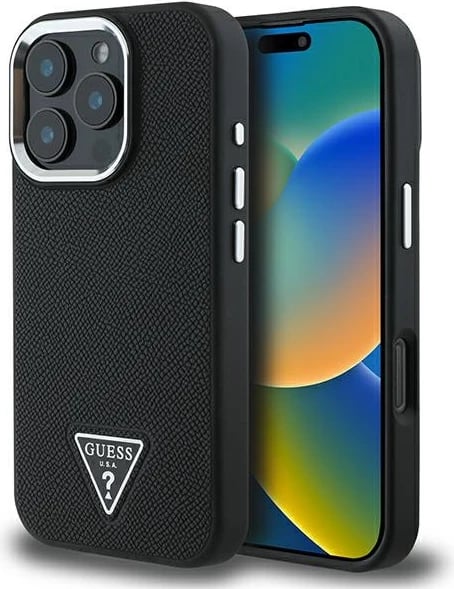 Mbështjellës Guess Grained Triangle MagSafe për iPhone 16 Pro, zi