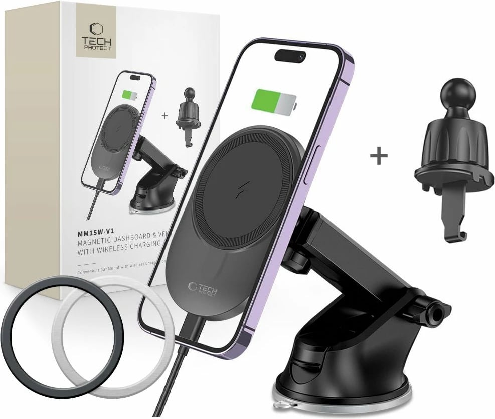 Mbështjellës magnetik për veturë Tech-Protect MM15W-V1 me karikues wireless 15W, i zi
