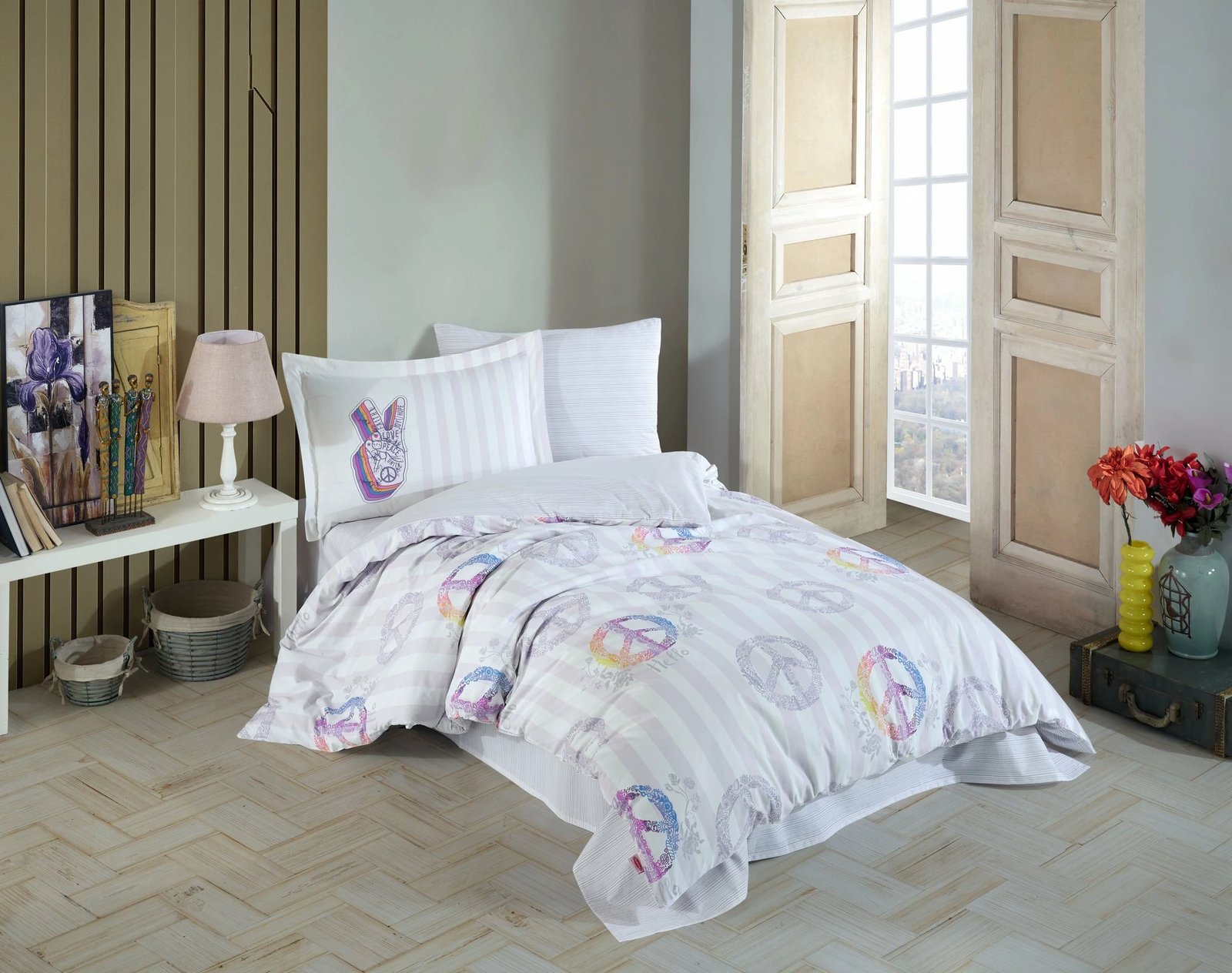 Set mbulesë për jorgan njëpersonësh Poplin, Peace, ngjyrë gri