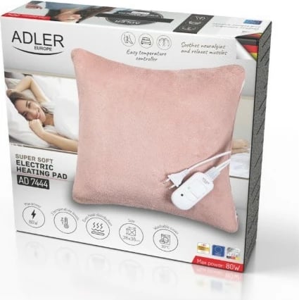 Jastëk elektrik Adler AD 7444, 38x38 cm, 2 nivele temperature, 80 W, mbrojtje nga mbinxehja, mbulesë polar e lareshme, rozë