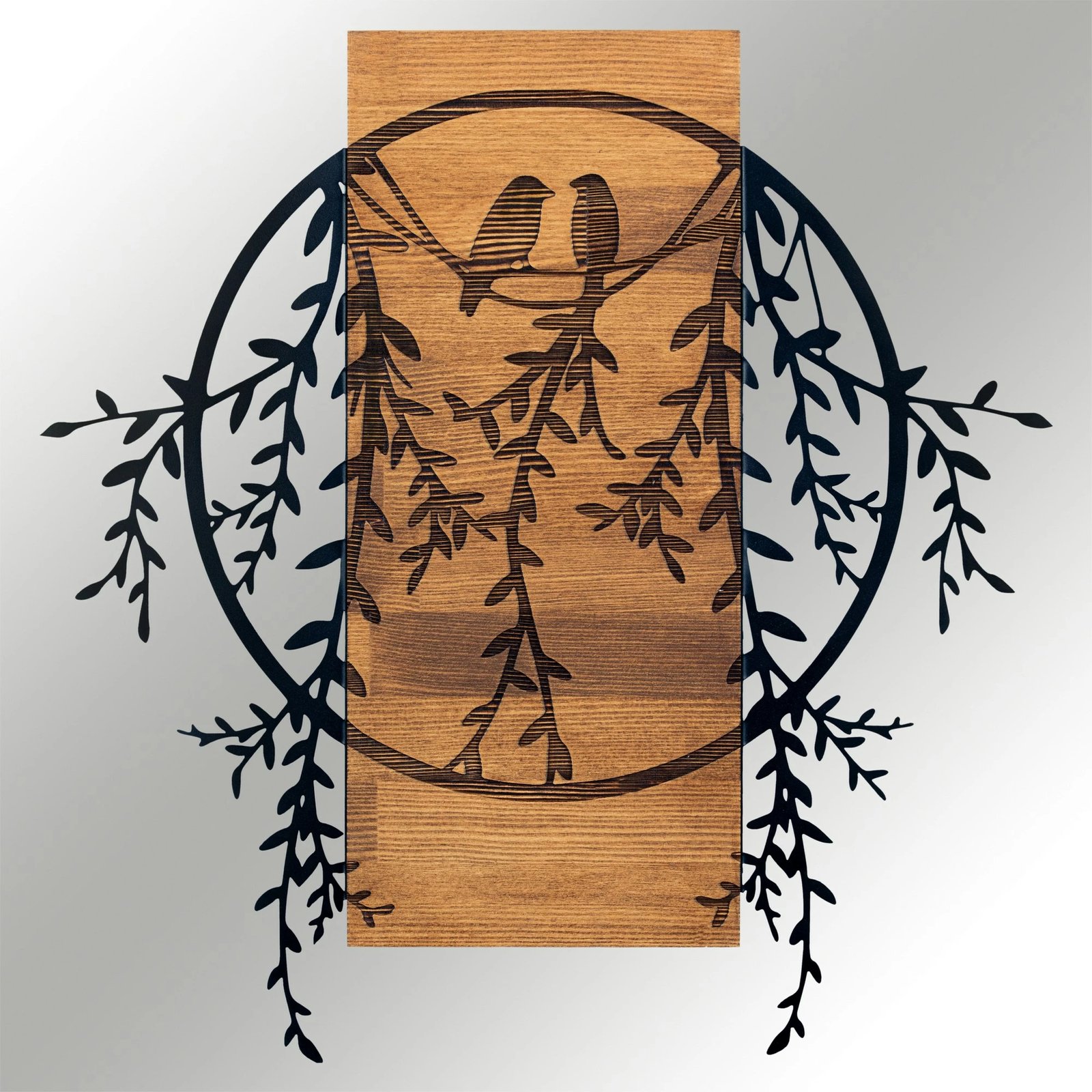 Aksesor dekorativ për mur, dru dhe metal, zogj të dashuruar, Wallity