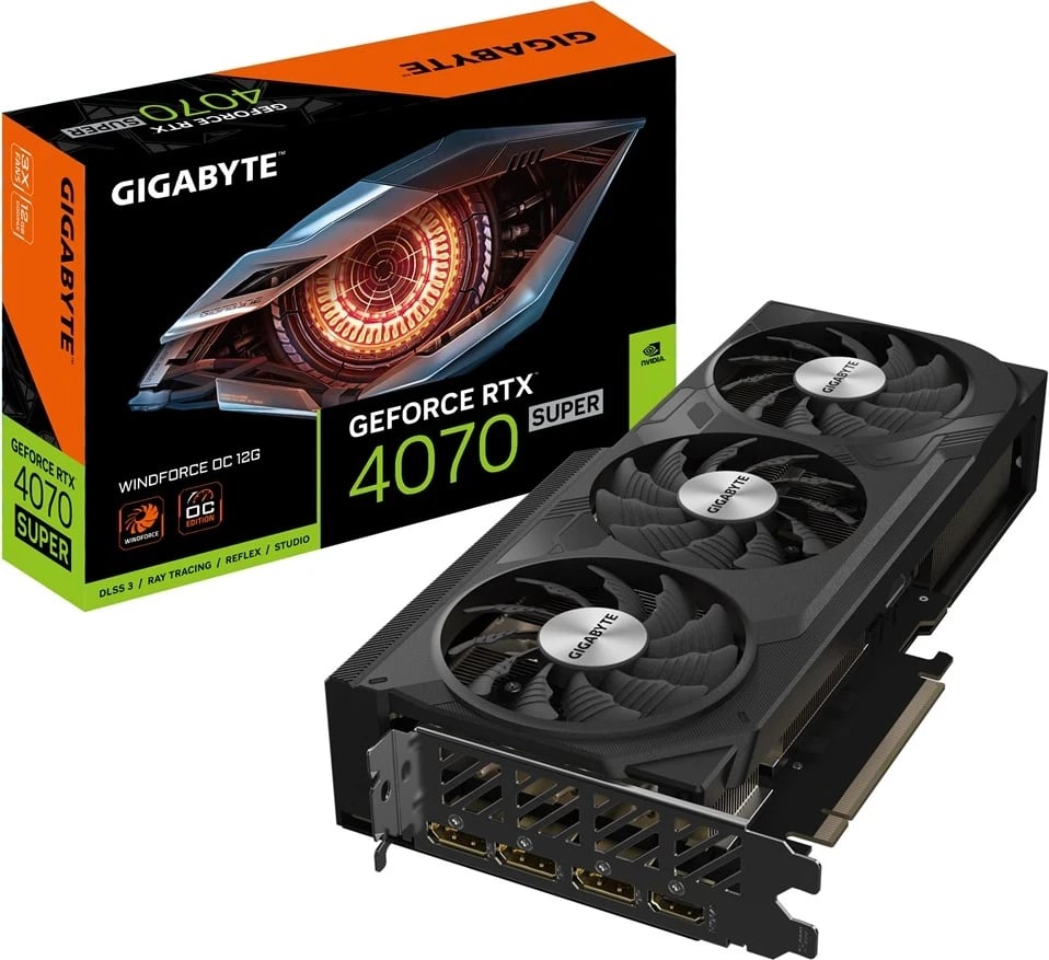 Kartë Grafike Gigabyte GeForce RTX 4070 SUPER WINDFORCE OC 12G, NVIDIA 12 GB GDDR6X, e Zezë
