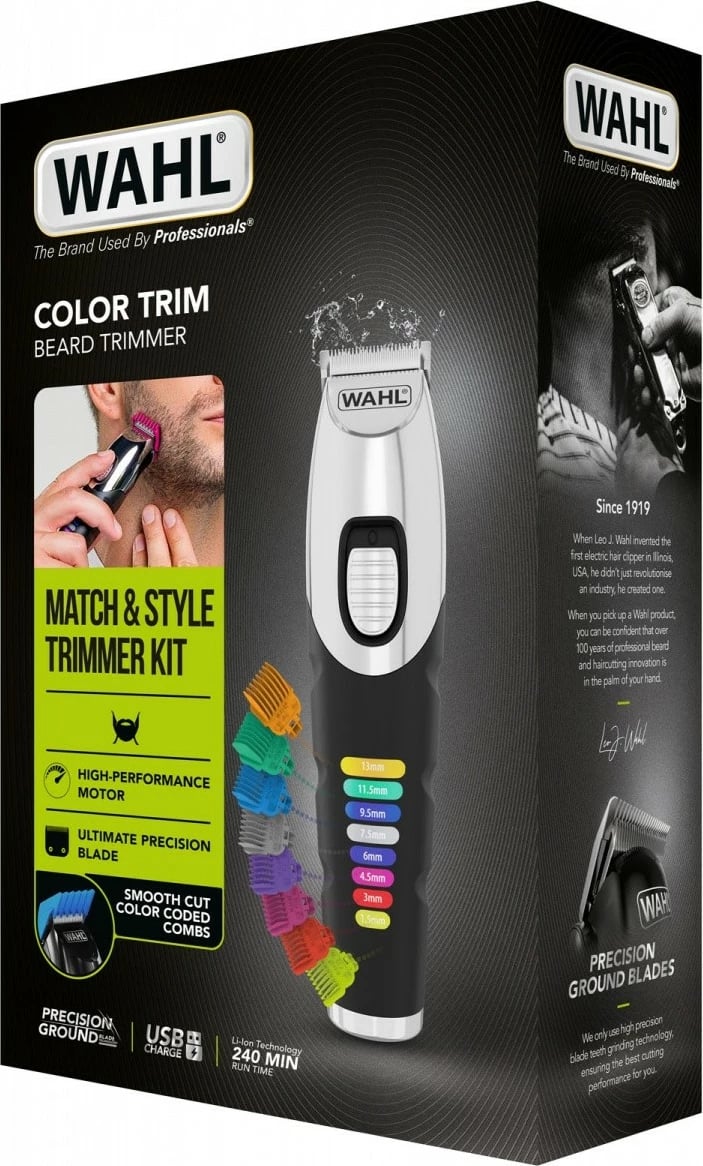 Trimmer mjekre, Wahl Color Trim 9893-0443, 240 min bateri, 0.5–13 mm, teh çelik inox 30 mm, karikim USB, përdorim i thatë, e zezë/argjend, set me 8 krehera dhe aksesorë