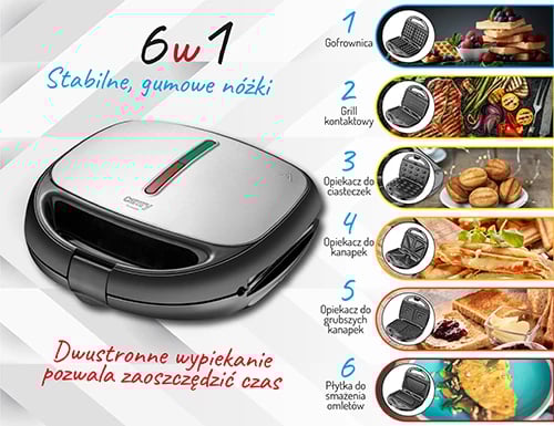 Pjekëse shumëfunksionale 6-në-1, Adler CR 3057, 800–1200W, pllaka të këmbyeshme, inoks, e zezë/argjend