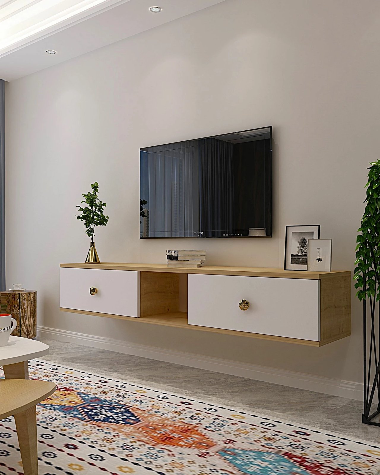 Komodë TV Skye Decor, Zuzu 150, ngjyrë lis safir, e bardhë