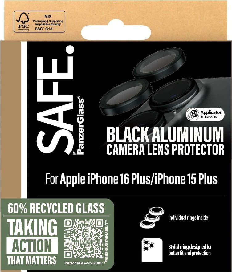 Mbrojtës kamere PanzerGlass për iPhone 16/16 Plus, i zi