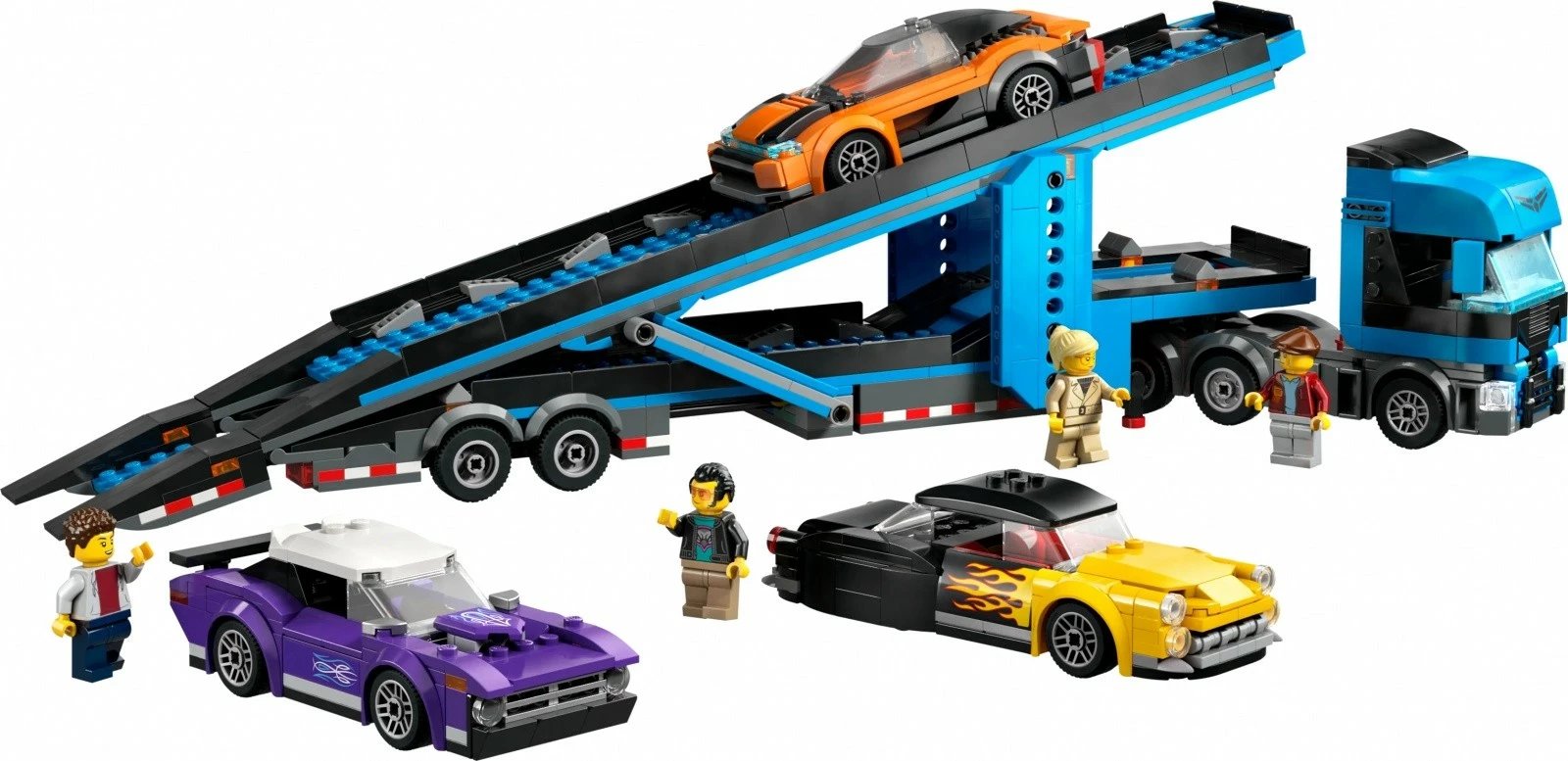 Set lodrash LEGO City 60408, kamion transportues me platformë dhe 3 makina sportive, 998 pjesë