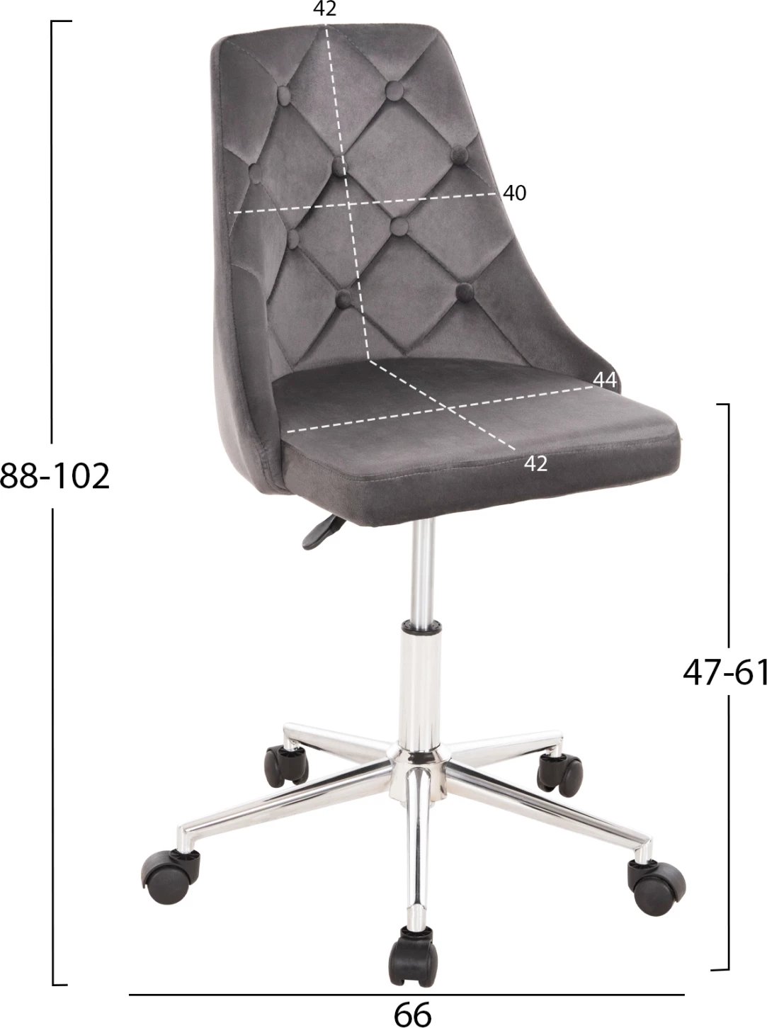 Karrige zyre HORACE FH9010.01, kadife gri, bazë metalike kromi, 66x66x88-102Hcm