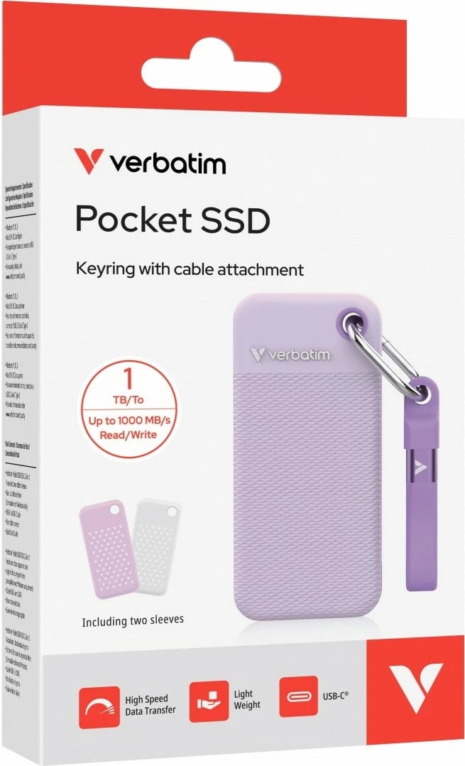 SSD i jashtëm Verbatim Pocket SSD Summer Edition 32322 1TB M.2 USB‑C 3.2 Gen 2 deri 1000MB/s bardhë/vjollcë set me 2 kapakë gome