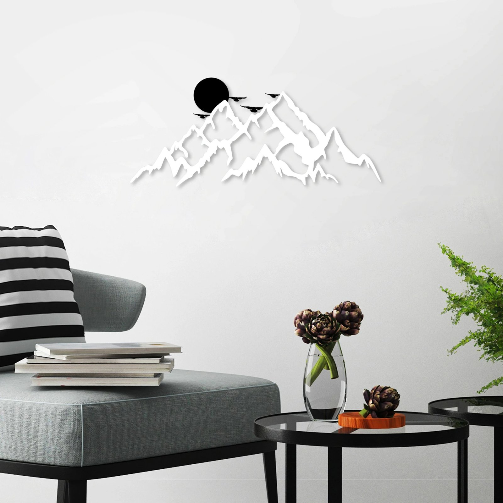 Aksesor dekorativ metalik për mur, Wallity, male dhe diell, 59x25cm