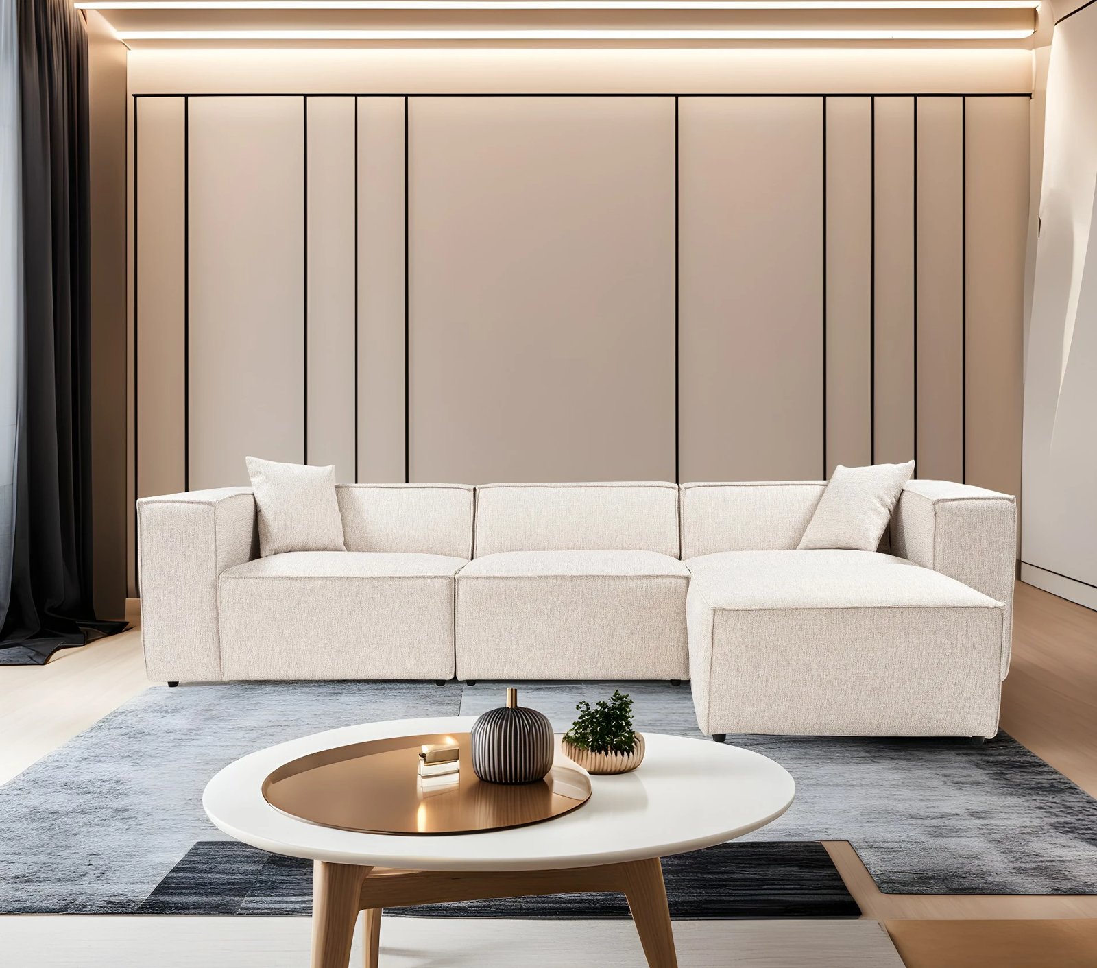 Këndare Lora, ngjyrë kafe e çelët, me pouffe, 4 pjesë