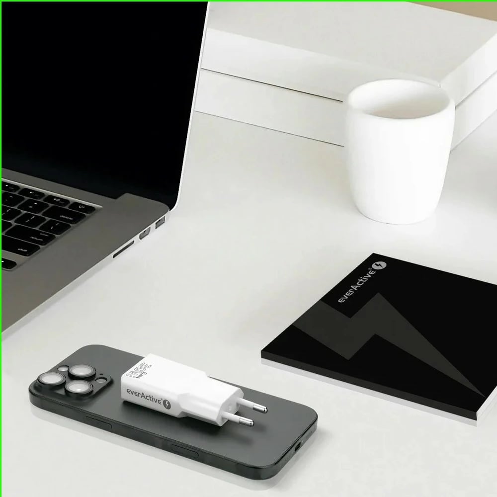 Adapter karikues muri, everActive, SC-385Q, GaN PD 30W, 2x USB-C, super slim, bardhë