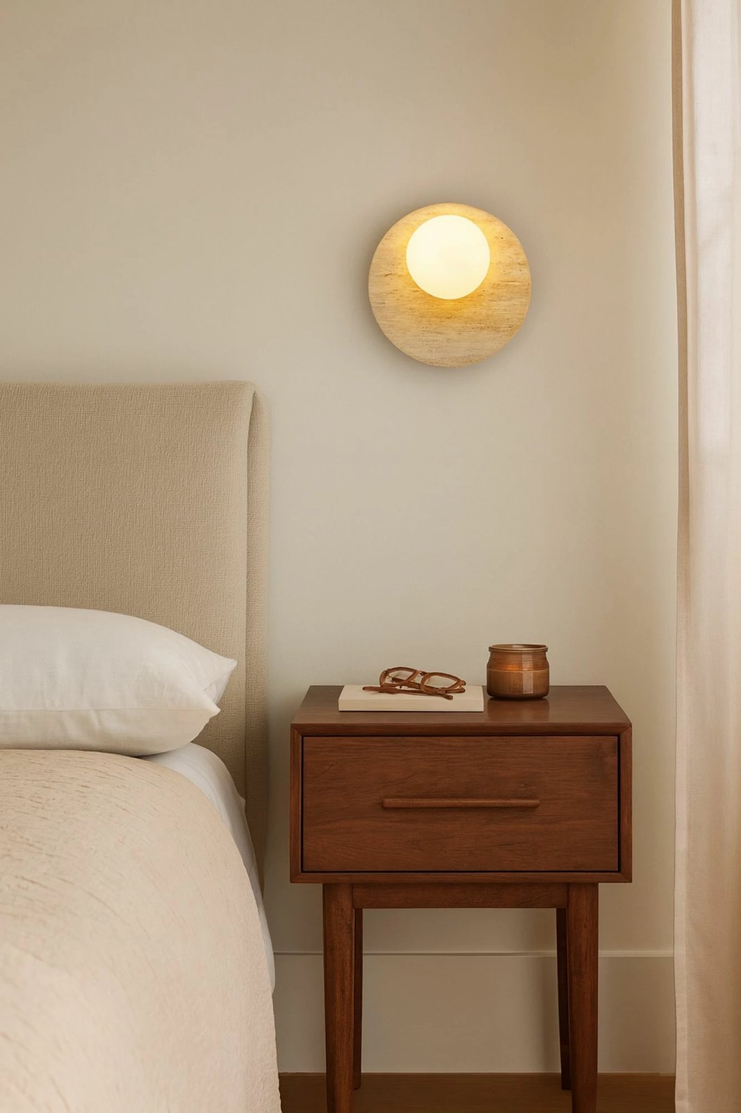 Llambë muri Opviq, pamje Tor-Look, trup travertini, kapak qelqi, bezhë/bardhë