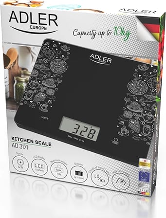 Peshore kuzhine, Adler AD 3171, kapacitet 10 kg, saktësi 1 g, ekran LCD, funksion tare, e zezë