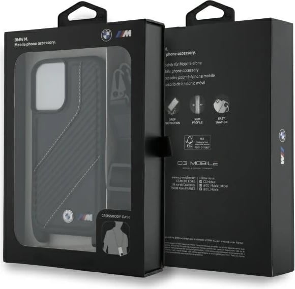 Mbështjellës BMW M Edition Carbon Stripe & Strap për iPhone 16 Plus, i zi