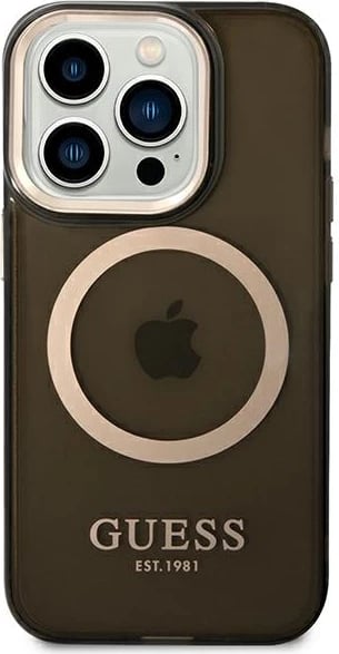 Mbështjellës Guess GUHMP14LHTCMK për iPhone 14 Pro 6.1", i fortë, MagSafe, i zi/me të arta
