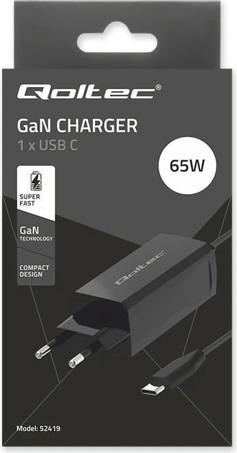Karikues muri Qoltec 65W GaN, USB-C 3.1, i zi