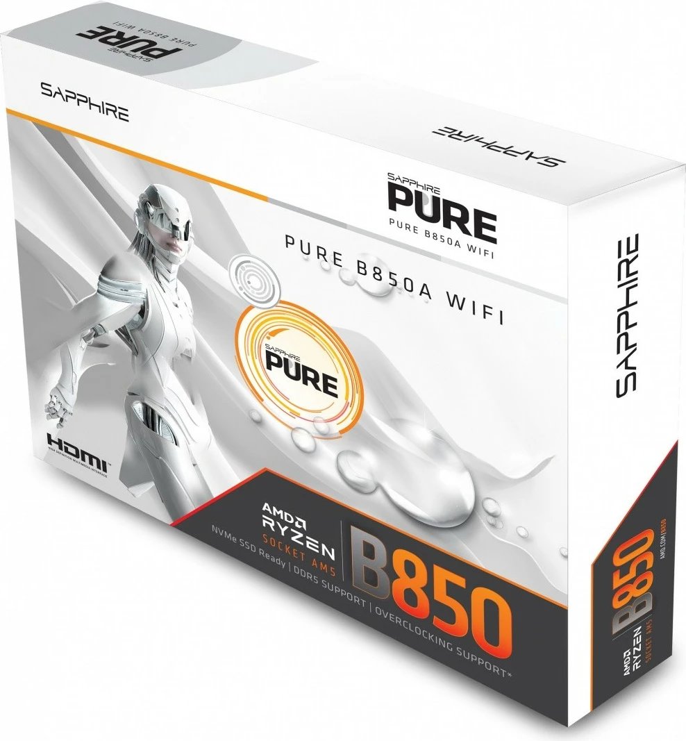 Pllakë amë, Sapphire Technology PURE B850A WIFI 7 52123-11-40G, Socket AM5, chipset AMD B850, DDR5 4 slote, PCIe 5.0 x16, Wi‑Fi 7 & 2.5GbE, e bardhë