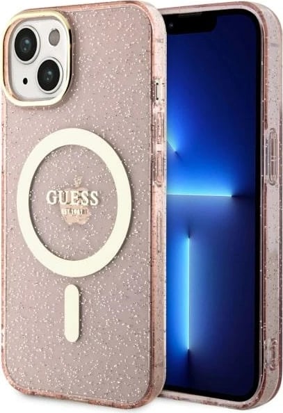 Mbështjellës Guess GUHMP14MHCMCGP për iPhone 14 Plus 6.7", Glitter Gold MagSafe, Rozë