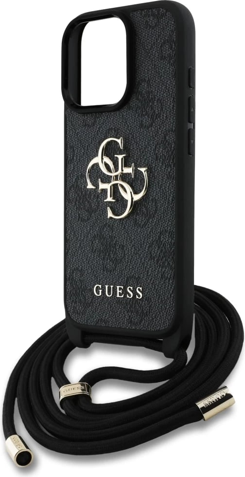 Mbështjellës Guess 4G Big Logo Cord Stap Crossbody për iPhone 16 Pro, e zezë