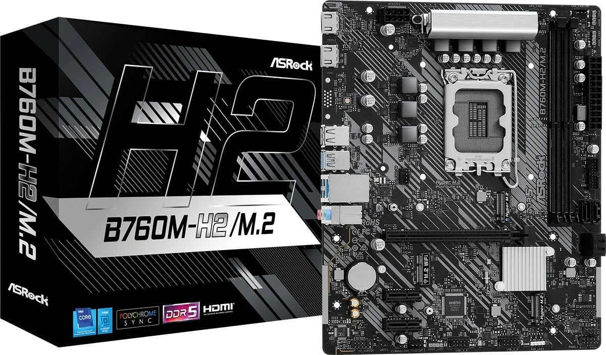 Pllakë amë, ASRock, B760M-H2/M.2, LGA1700 Intel B760, mATX, 2x DDR5 deri 128GB 7200+ OC, 1x PCIe 4.0 x16, 2x M.2 (Gen4x4), 4x SATA3, 2x HDMI, 2.5G LAN