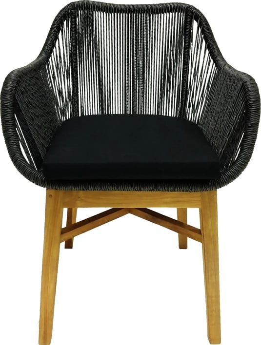 Karrige Kalie dru teak dhe litar sintetik, ngjyrë natyrale e zezë, me jastëk, 60x61x80cm