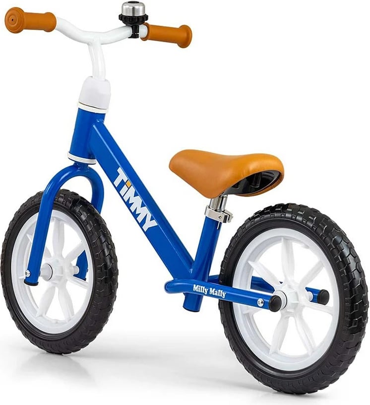 Biçikletë balancuese, Milly Mally, Timmy, rrota 12" EVA, sedile e rregullueshme 32–41 cm, deri 25 kg, 2.8 kg, blu