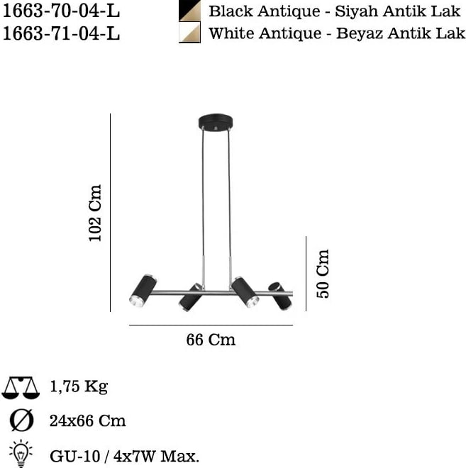 Llambë tavani Opviq, Lume - 71-04-L, metalike, ngjyrë e bardhë dhe llak antik, lartësi e rregullueshme