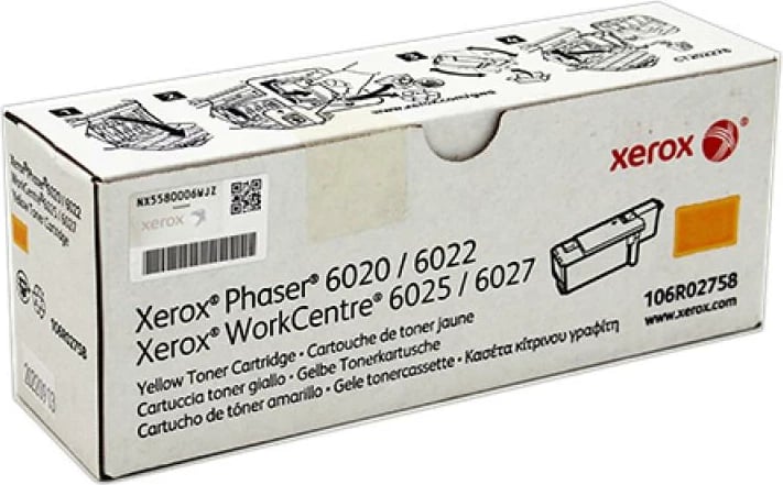 Toner Xerox 106R02758 kapacitet standard 1000 faqe për Phaser 6020/6022 dhe WorkCentre 6025/6027, e verdhë